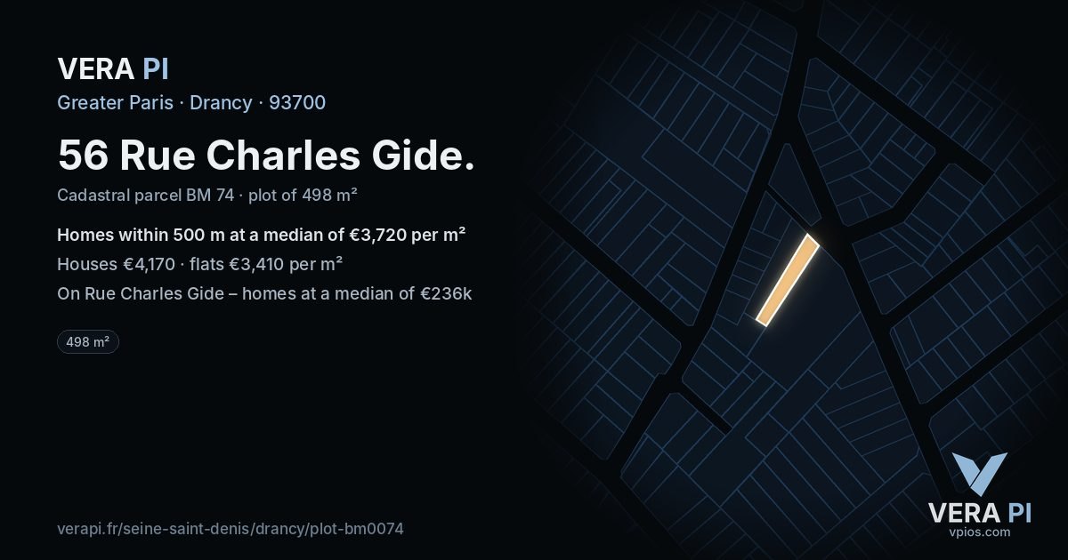 56 Rue Charles Gide, Drancy at night – the plot lit, the parcels around coloured by the prices near them