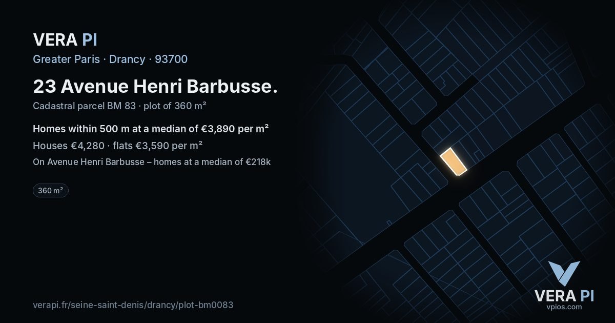 23 Avenue Henri Barbusse, Drancy at night – the plot lit, the parcels around coloured by the prices near them