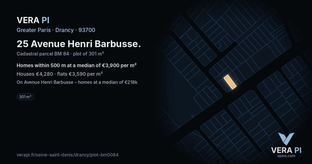 25 Avenue Henri Barbusse, Drancy at night – the plot lit, the parcels around coloured by the prices near them