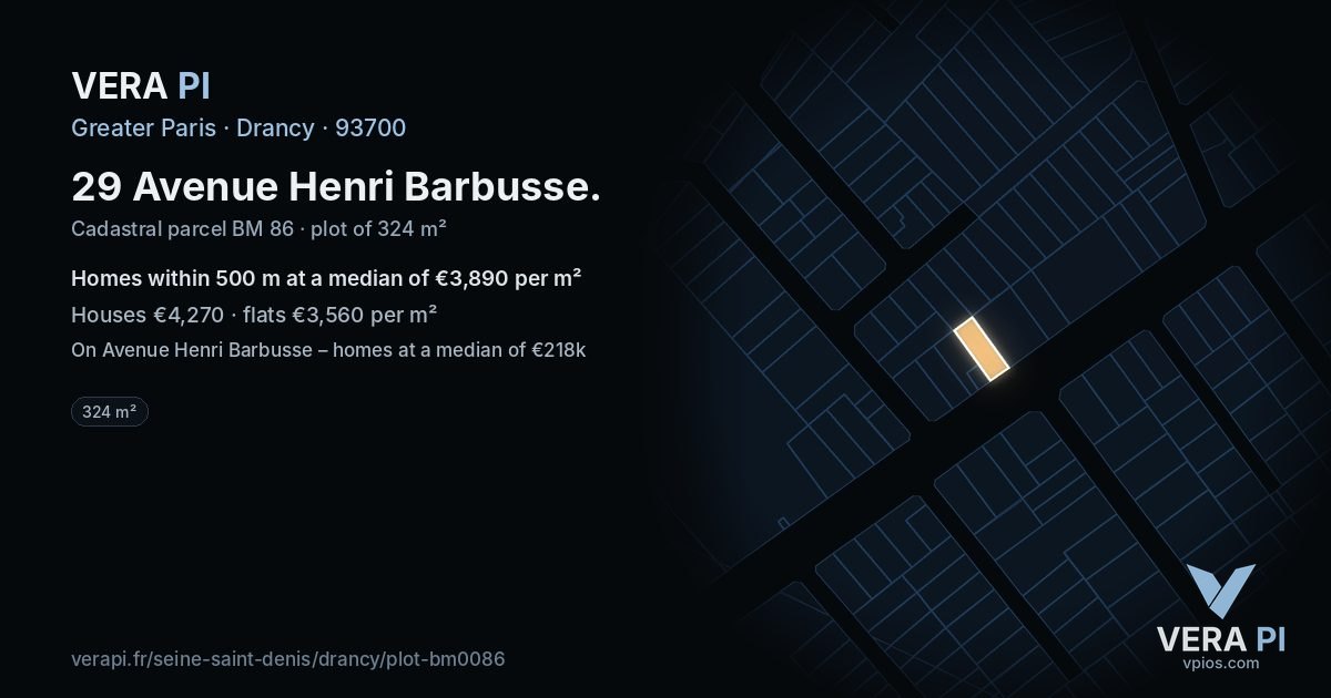 29 Avenue Henri Barbusse, Drancy at night – the plot lit, the parcels around coloured by the prices near them