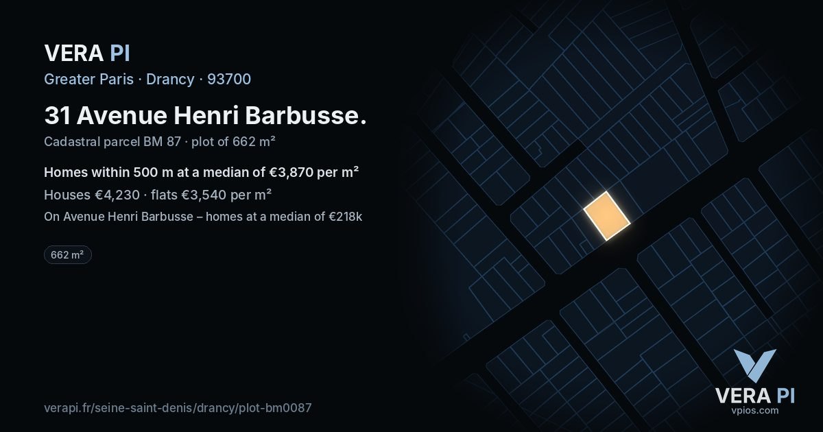 31 Avenue Henri Barbusse, Drancy at night – the plot lit, the parcels around coloured by the prices near them