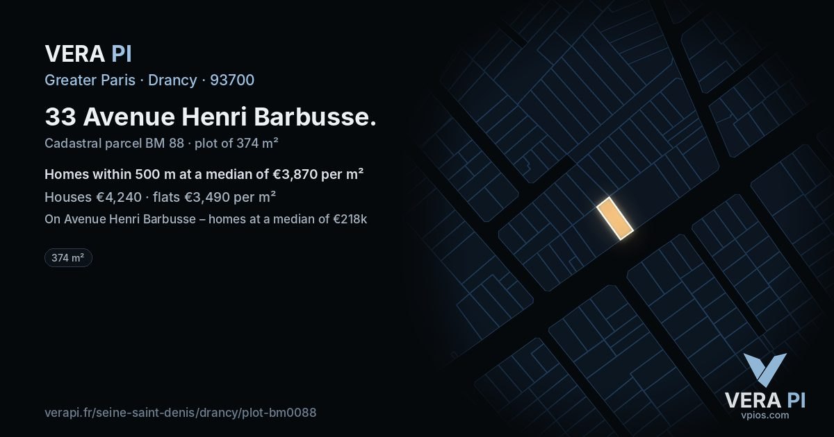 33 Avenue Henri Barbusse, Drancy at night – the plot lit, the parcels around coloured by the prices near them