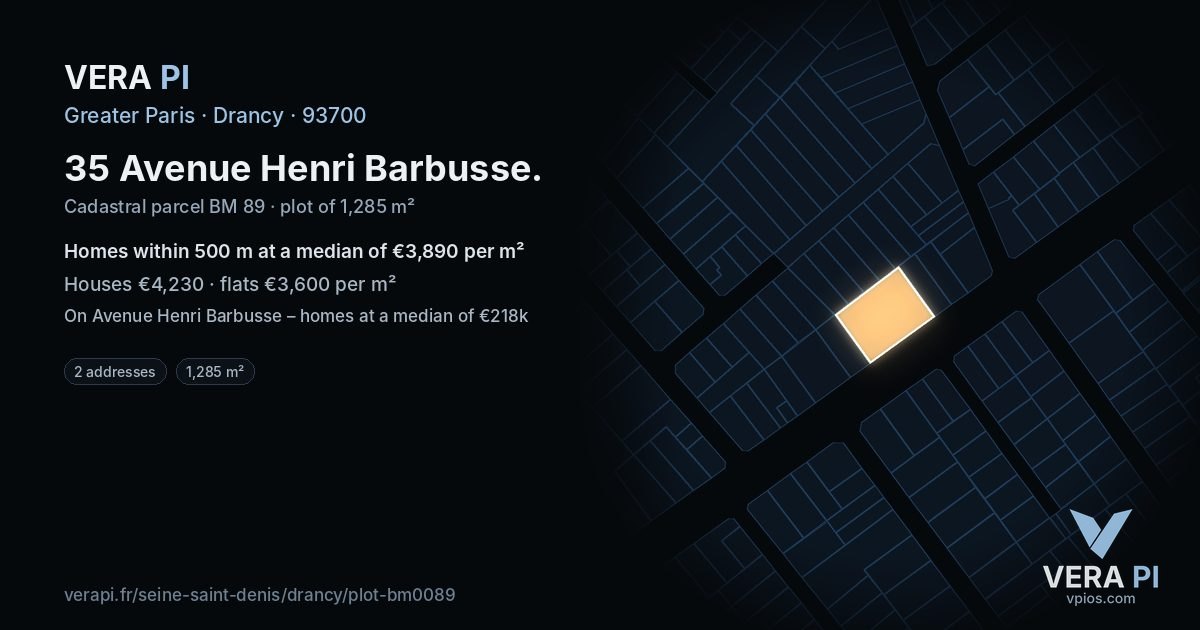 35 Avenue Henri Barbusse, Drancy at night – the plot lit, the parcels around coloured by the prices near them