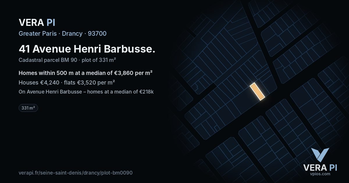 41 Avenue Henri Barbusse, Drancy at night – the plot lit, the parcels around coloured by the prices near them