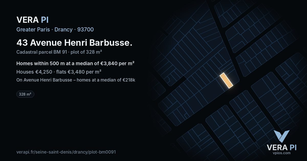 43 Avenue Henri Barbusse, Drancy at night – the plot lit, the parcels around coloured by the prices near them
