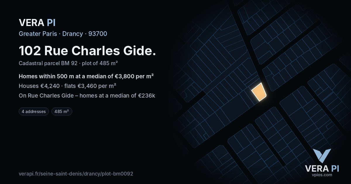 102 Rue Charles Gide, Drancy at night – the plot lit, the parcels around coloured by the prices near them