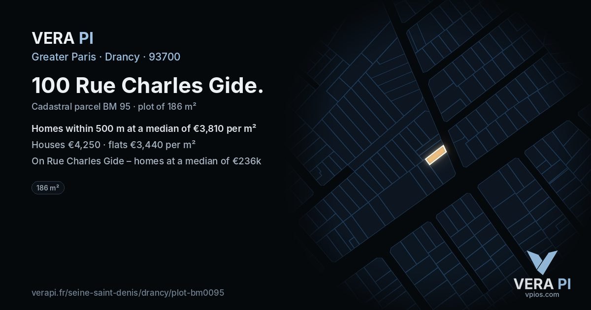 100 Rue Charles Gide, Drancy at night – the plot lit, the parcels around coloured by the prices near them
