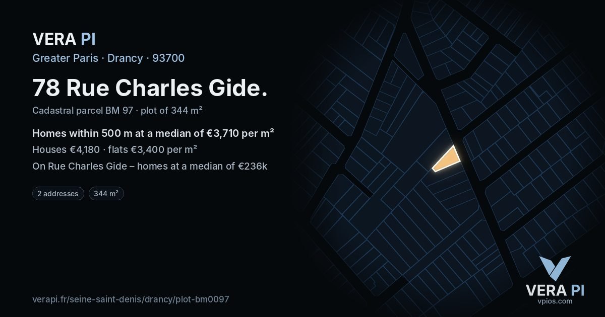 78 Rue Charles Gide, Drancy at night – the plot lit, the parcels around coloured by the prices near them