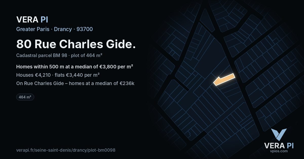 80 Rue Charles Gide, Drancy at night – the plot lit, the parcels around coloured by the prices near them