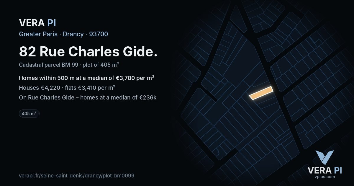 82 Rue Charles Gide, Drancy at night – the plot lit, the parcels around coloured by the prices near them