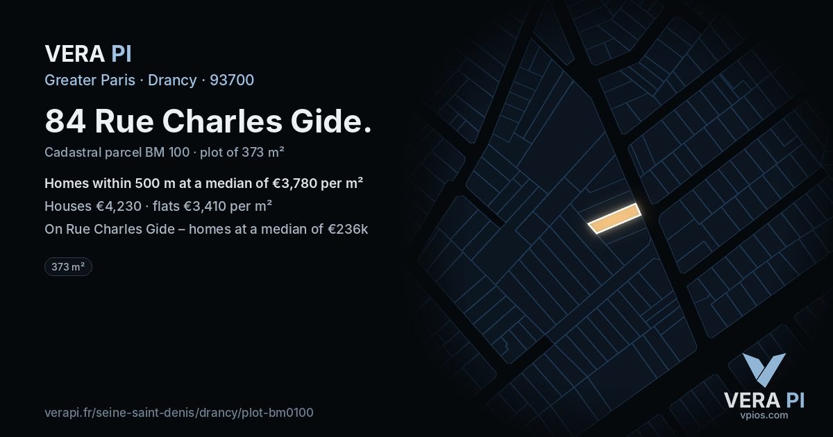 84 Rue Charles Gide, Drancy at night – the plot lit, the parcels around coloured by the prices near them