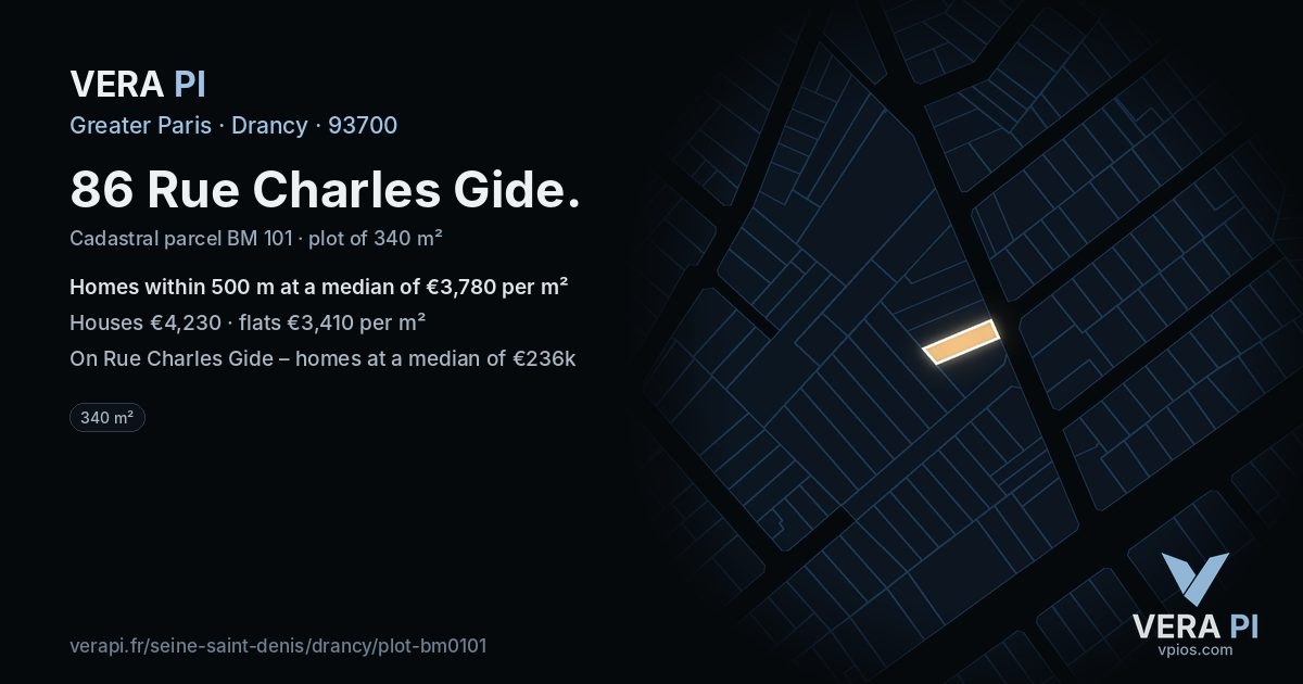 86 Rue Charles Gide, Drancy at night – the plot lit, the parcels around coloured by the prices near them