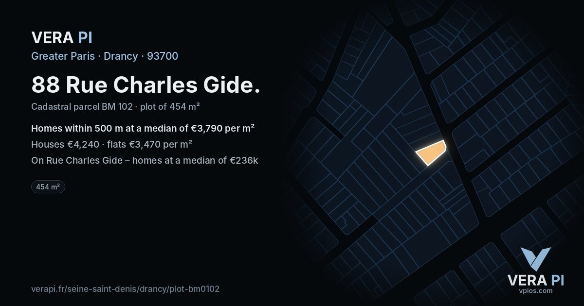 88 Rue Charles Gide, Drancy at night – the plot lit, the parcels around coloured by the prices near them