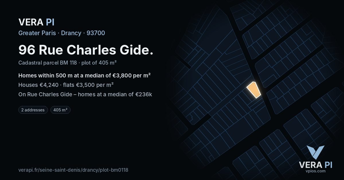 96 Rue Charles Gide, Drancy at night – the plot lit, the parcels around coloured by the prices near them