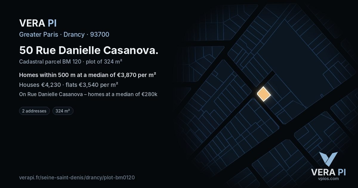 50 Rue Danielle Casanova, Drancy at night – the plot lit, the parcels around coloured by the prices near them