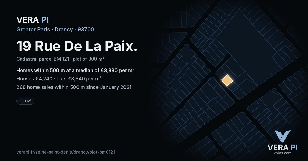 19 Rue De La Paix, Drancy at night – the plot lit, the parcels around coloured by the prices near them