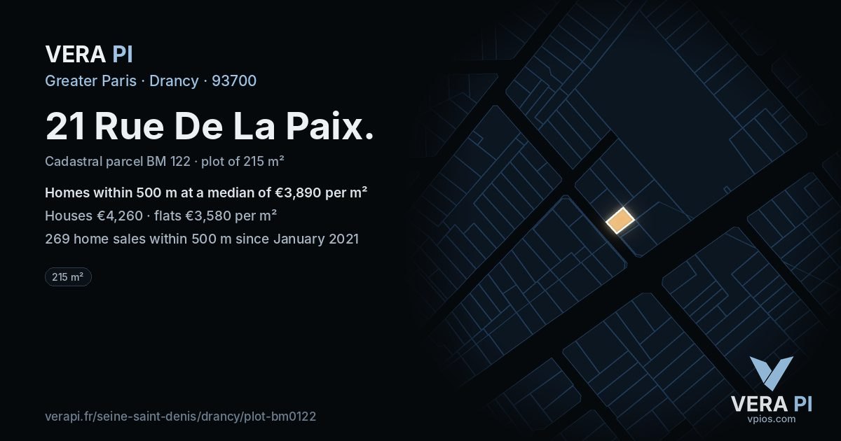21 Rue De La Paix, Drancy at night – the plot lit, the parcels around coloured by the prices near them