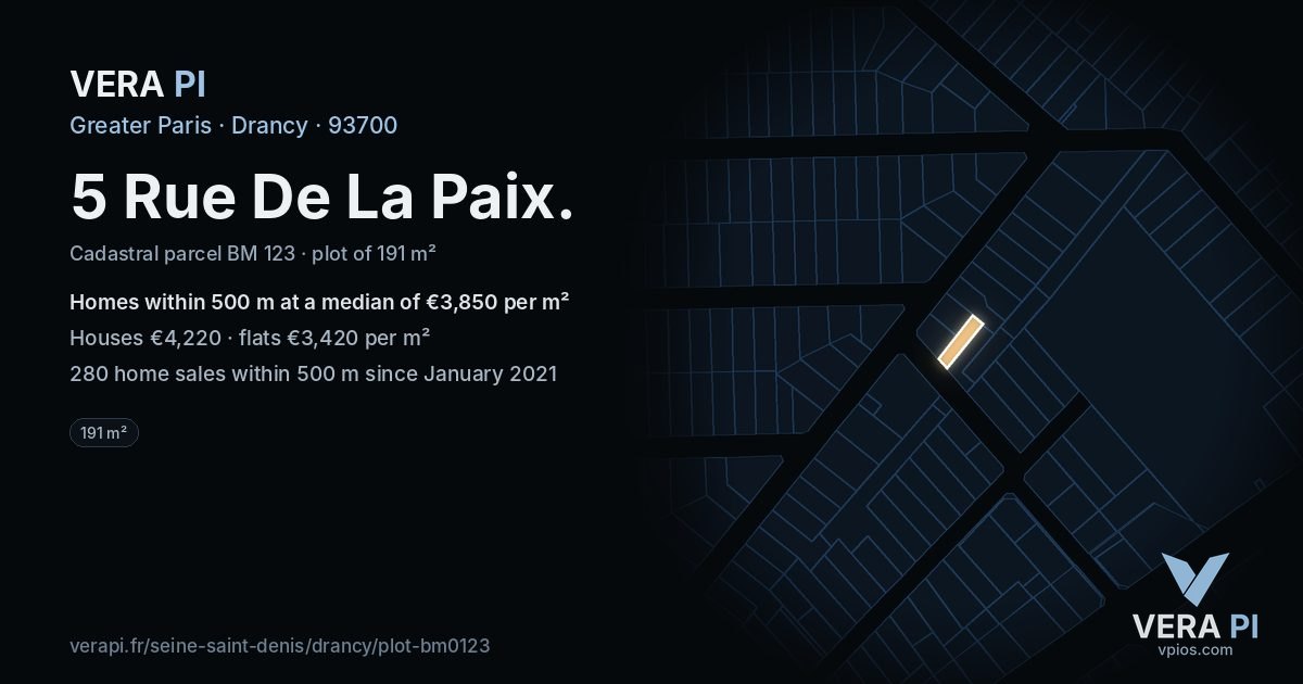 5 Rue De La Paix, Drancy at night – the plot lit, the parcels around coloured by the prices near them