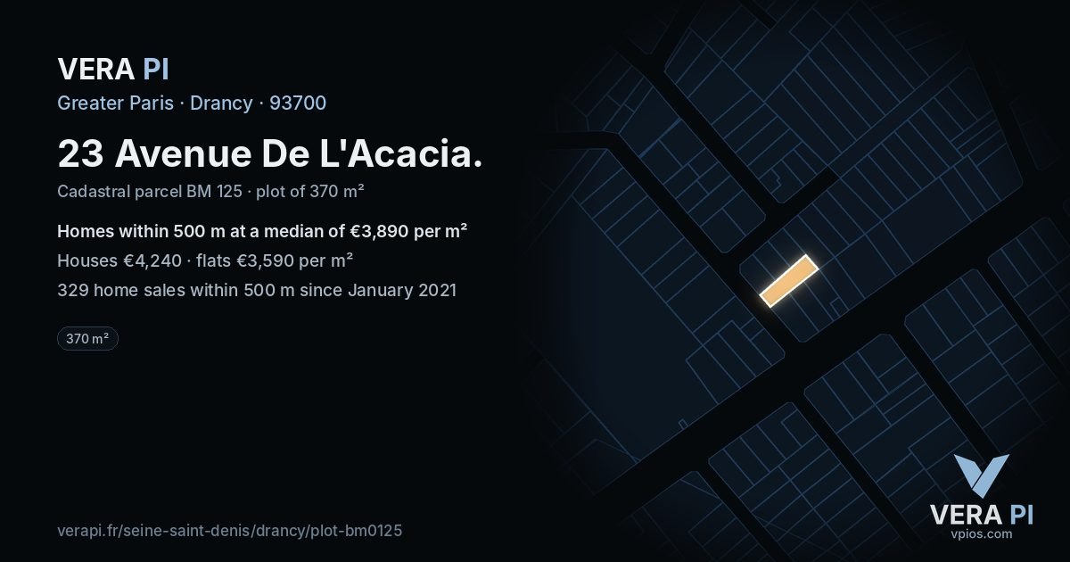 23 Avenue De L'Acacia, Drancy at night – the plot lit, the parcels around coloured by the prices near them