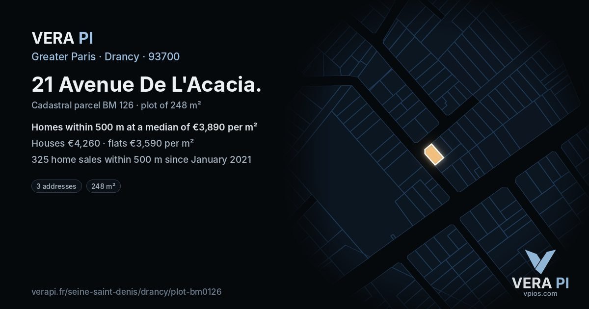 21 Avenue De L'Acacia, Drancy at night – the plot lit, the parcels around coloured by the prices near them