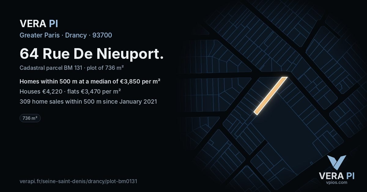 64 Rue De Nieuport, Drancy at night – the plot lit, the parcels around coloured by the prices near them