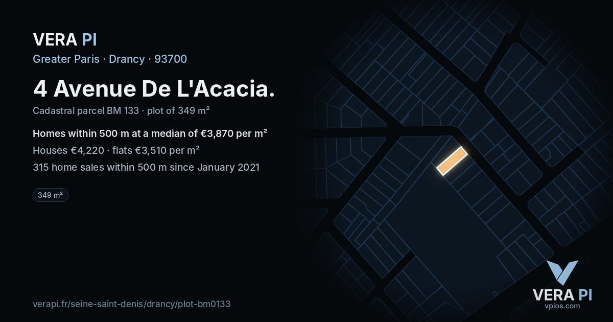 4 Avenue De L'Acacia, Drancy at night – the plot lit, the parcels around coloured by the prices near them