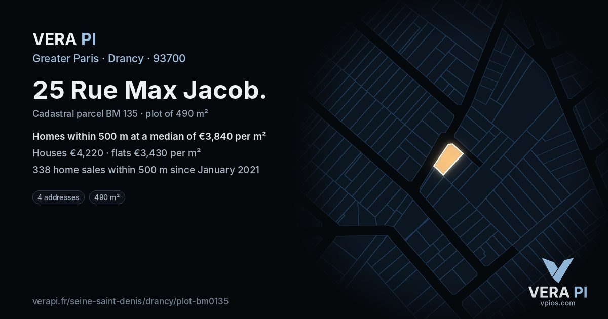 25 Rue Max Jacob, Drancy at night – the plot lit, the parcels around coloured by the prices near them