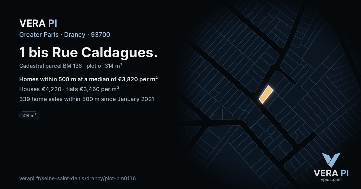 1 bis Rue Caldagues, Drancy at night – the plot lit, the parcels around coloured by the prices near them