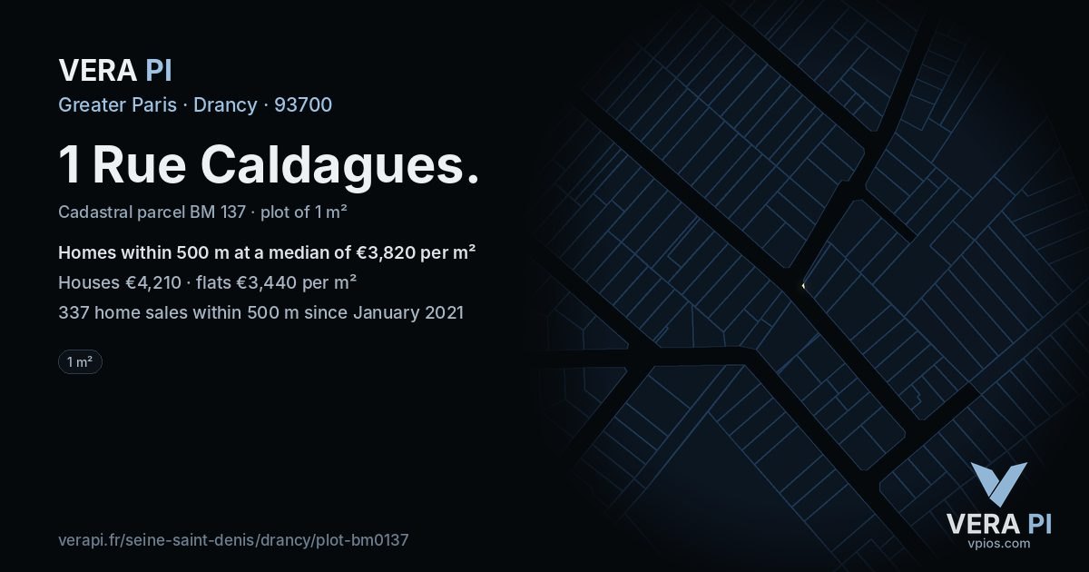 1 Rue Caldagues, Drancy at night – the plot lit, the parcels around coloured by the prices near them