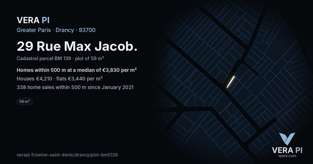 29 Rue Max Jacob, Drancy at night – the plot lit, the parcels around coloured by the prices near them