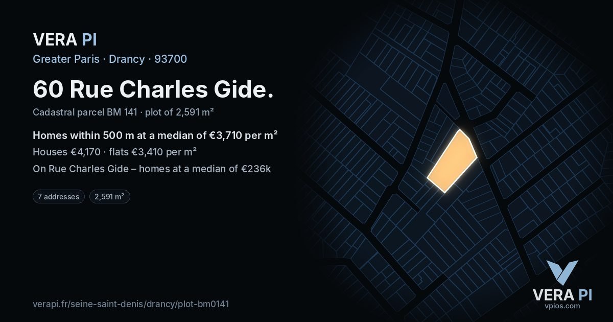 60 Rue Charles Gide, Drancy at night – the plot lit, the parcels around coloured by the prices near them