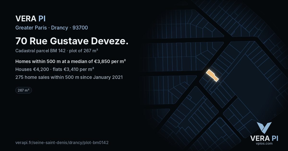70 Rue Gustave Deveze, Drancy at night – the plot lit, the parcels around coloured by the prices near them