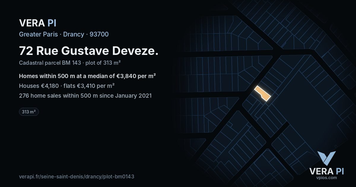 72 Rue Gustave Deveze, Drancy at night – the plot lit, the parcels around coloured by the prices near them