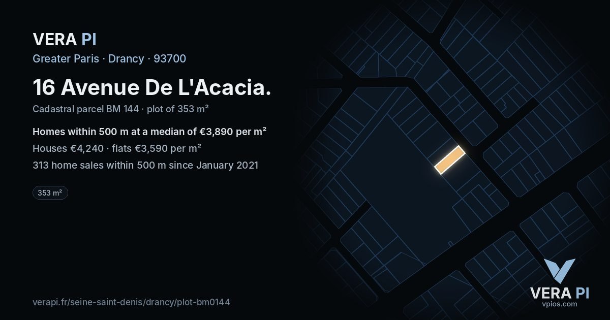 16 Avenue De L'Acacia, Drancy at night – the plot lit, the parcels around coloured by the prices near them