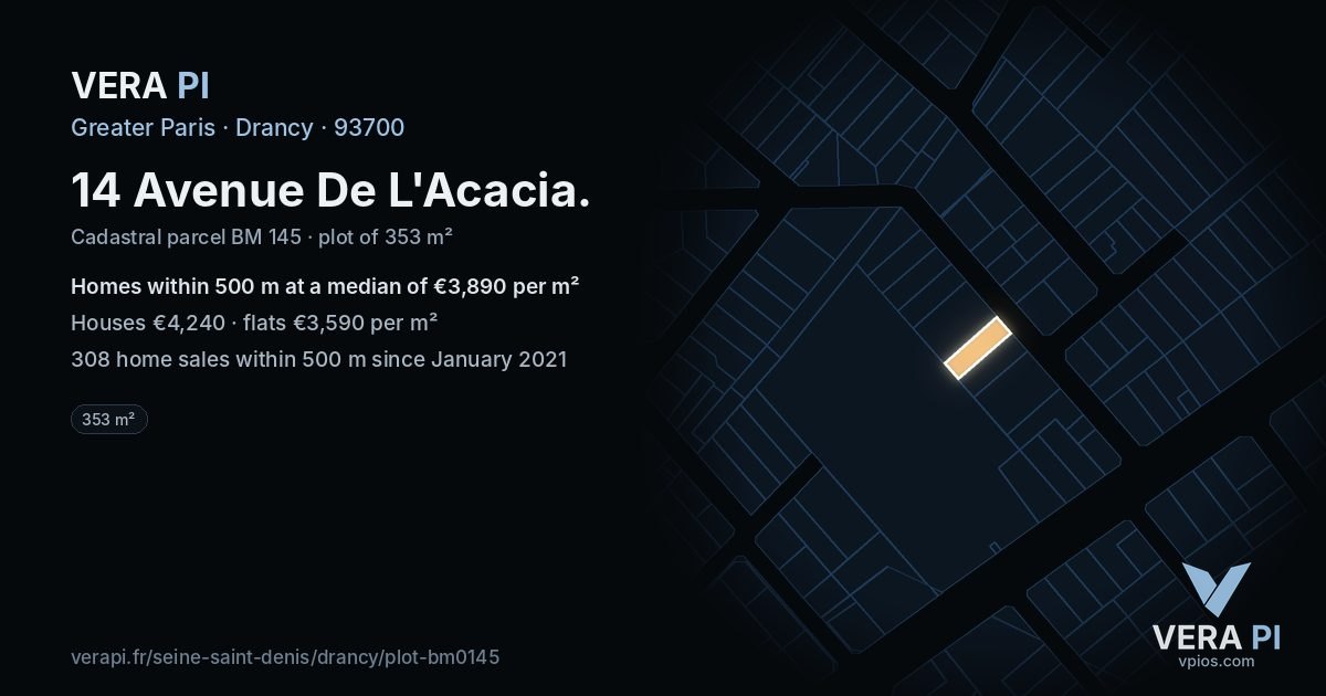 14 Avenue De L'Acacia, Drancy at night – the plot lit, the parcels around coloured by the prices near them