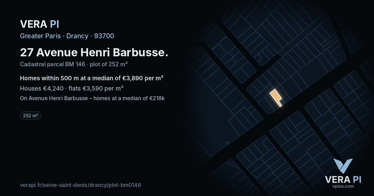 27 Avenue Henri Barbusse, Drancy at night – the plot lit, the parcels around coloured by the prices near them