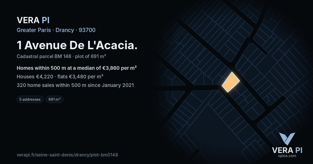 1 Avenue De L'Acacia, Drancy at night – the plot lit, the parcels around coloured by the prices near them