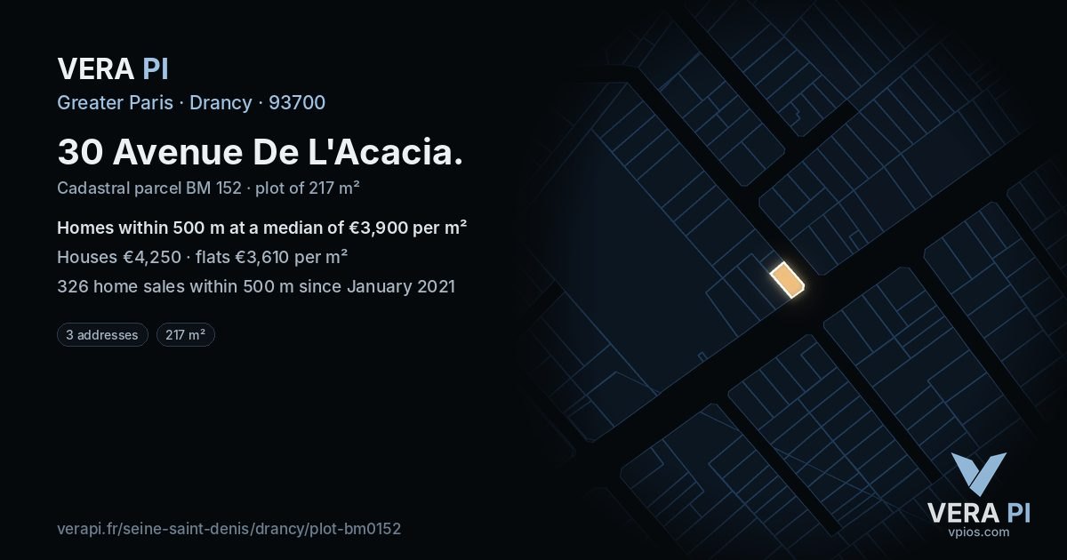 30 Avenue De L'Acacia, Drancy at night – the plot lit, the parcels around coloured by the prices near them