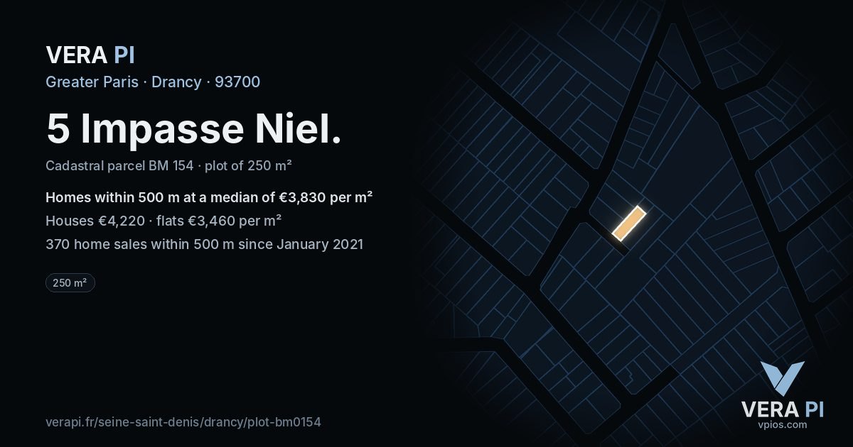 5 Impasse Niel, Drancy at night – the plot lit, the parcels around coloured by the prices near them