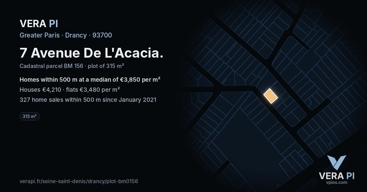 7 Avenue De L'Acacia, Drancy at night – the plot lit, the parcels around coloured by the prices near them