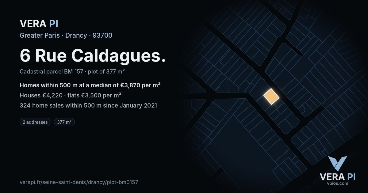 6 Rue Caldagues, Drancy at night – the plot lit, the parcels around coloured by the prices near them