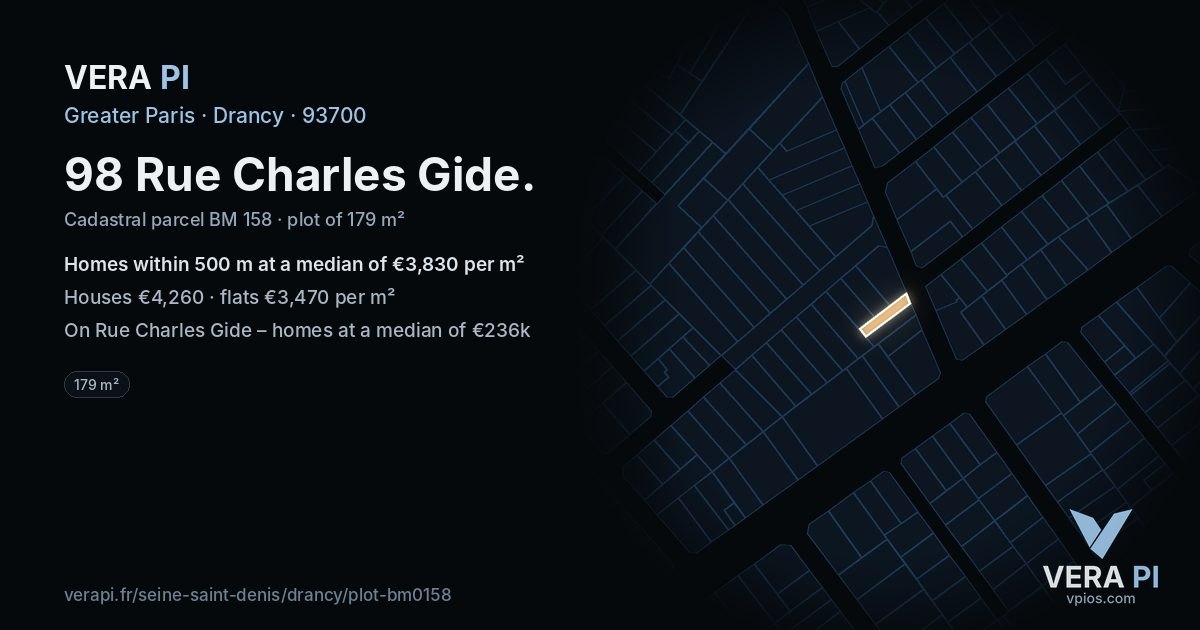 98 Rue Charles Gide, Drancy at night – the plot lit, the parcels around coloured by the prices near them
