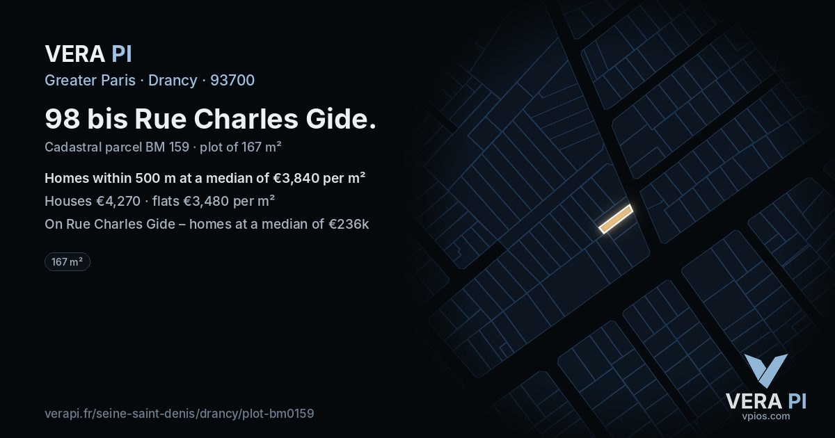 98 bis Rue Charles Gide, Drancy at night – the plot lit, the parcels around coloured by the prices near them