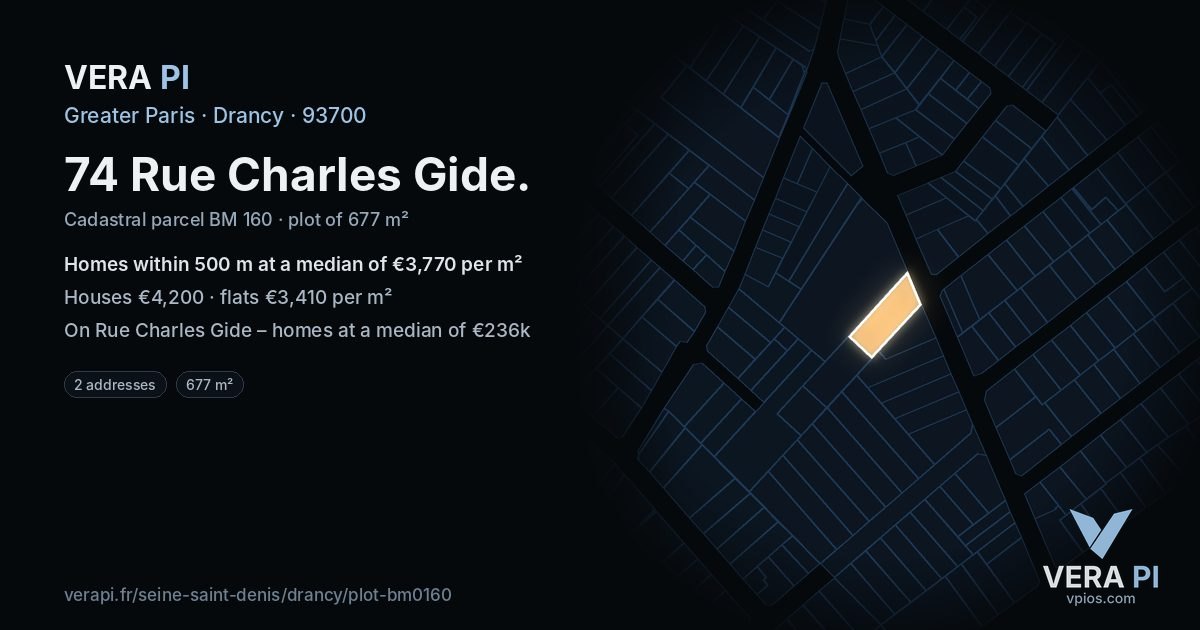 74 Rue Charles Gide, Drancy at night – the plot lit, the parcels around coloured by the prices near them