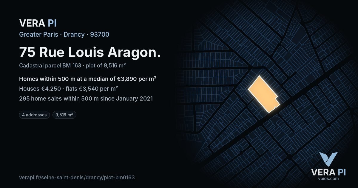 75 Rue Louis Aragon, Drancy at night – the plot lit, the parcels around coloured by the prices near them