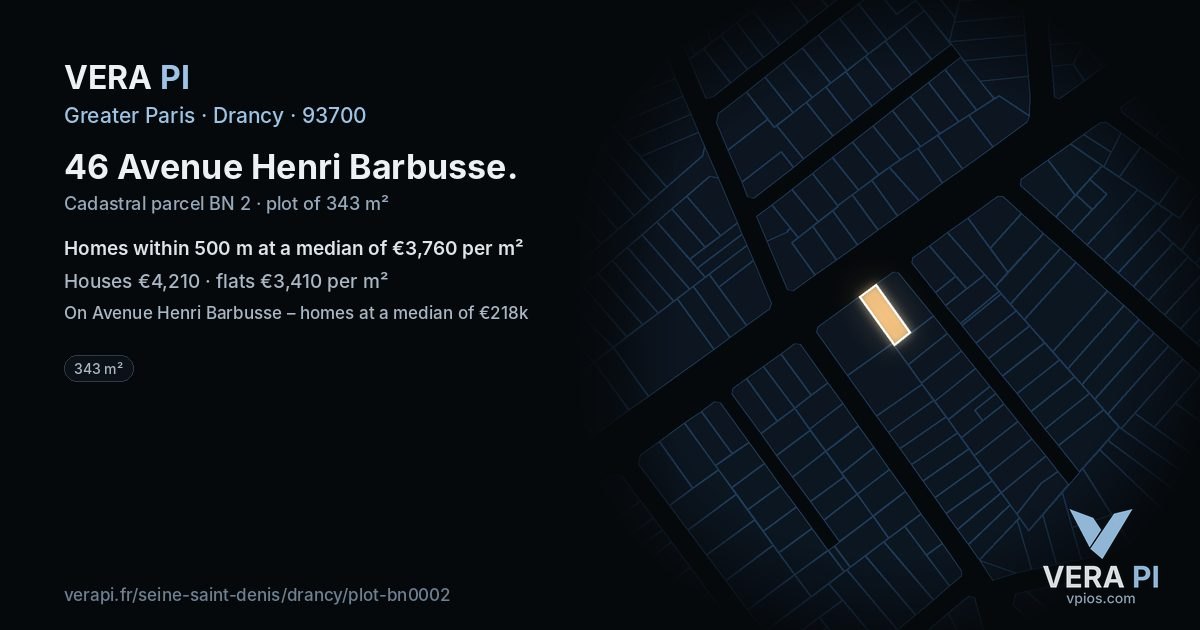 46 Avenue Henri Barbusse, Drancy at night – the plot lit, the parcels around coloured by the prices near them