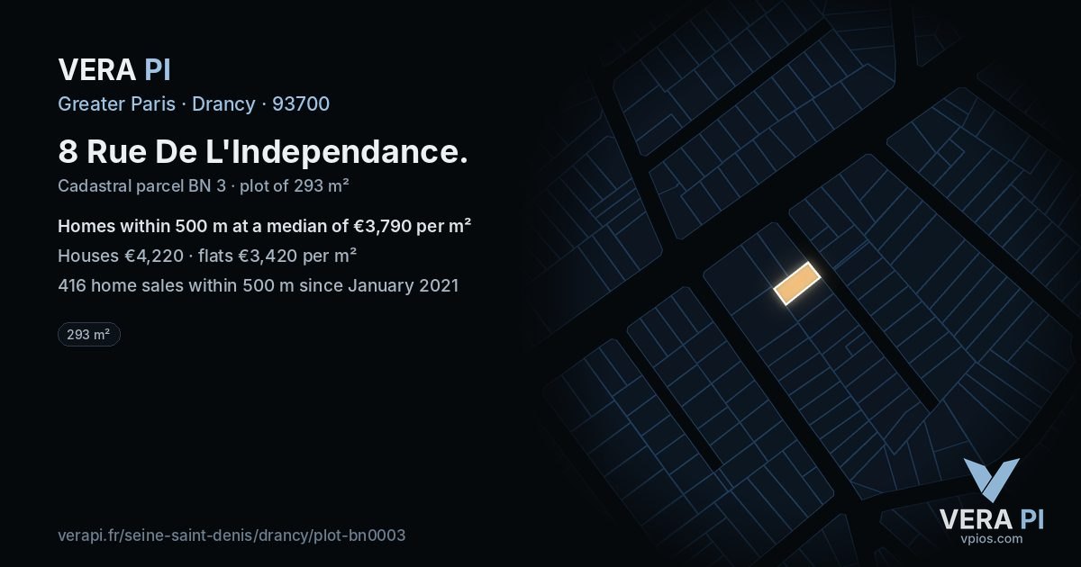 8 Rue De L'Independance, Drancy at night – the plot lit, the parcels around coloured by the prices near them