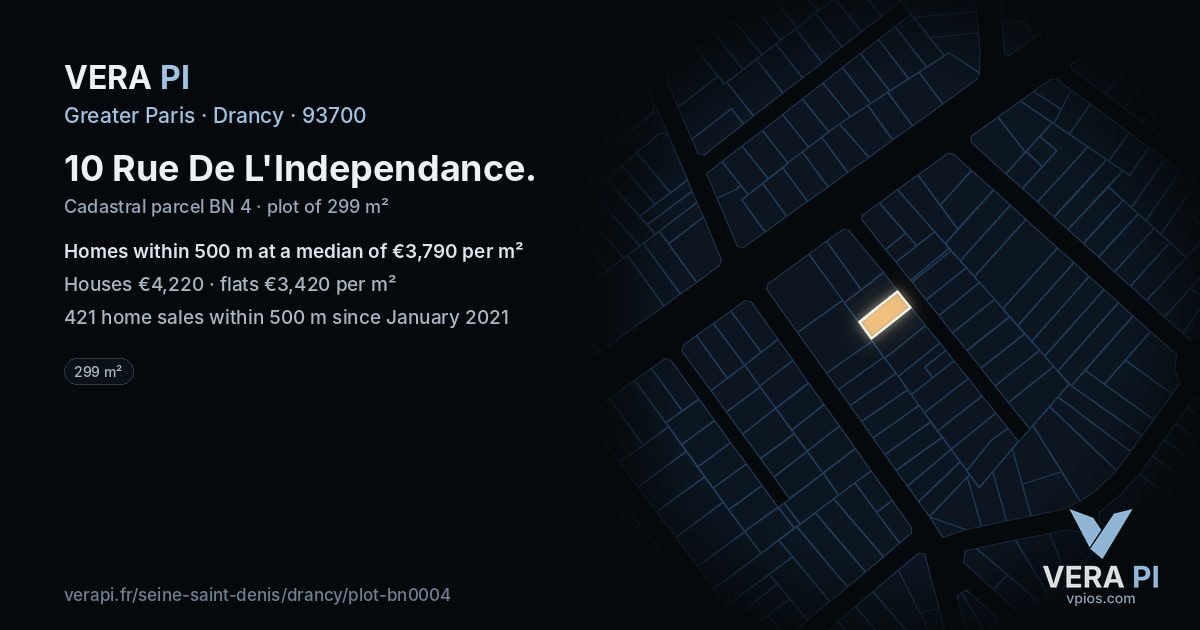 10 Rue De L'Independance, Drancy at night – the plot lit, the parcels around coloured by the prices near them