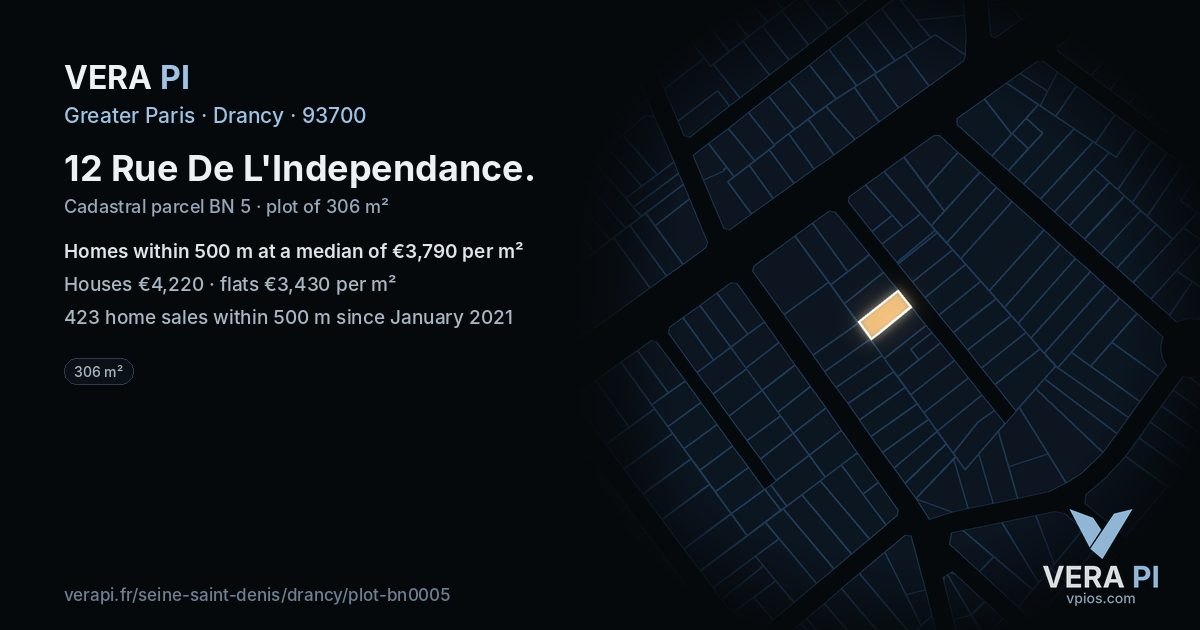 12 Rue De L'Independance, Drancy at night – the plot lit, the parcels around coloured by the prices near them