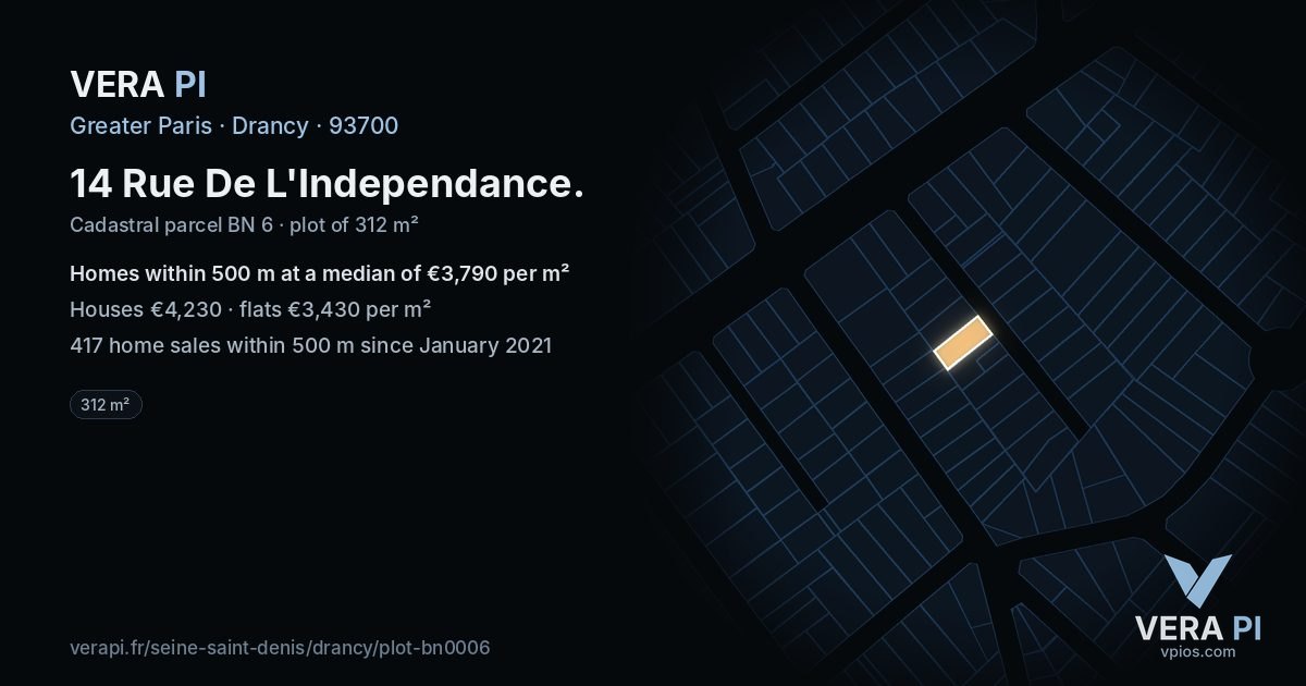 14 Rue De L'Independance, Drancy at night – the plot lit, the parcels around coloured by the prices near them